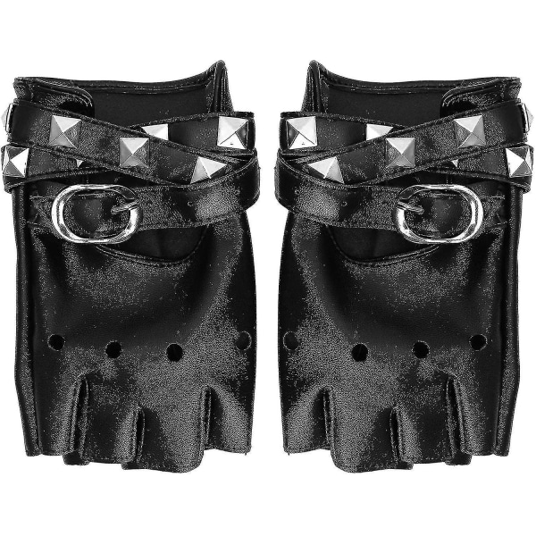 Fingerløse handsker i imiteret læder - Sorte Biker Punk handsker med bæltelukning og 8169 | Fyndiq