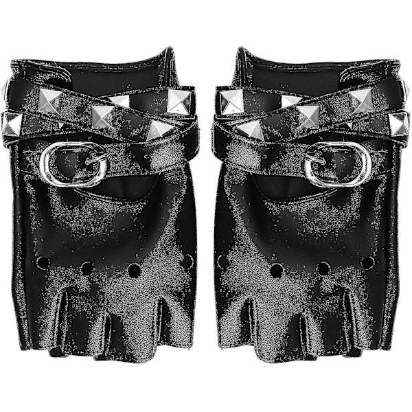 Fingerløse Kunstlæderhandsker - Sorte Biker Punk Handsker Med Bæltelukning Og Nitter Design