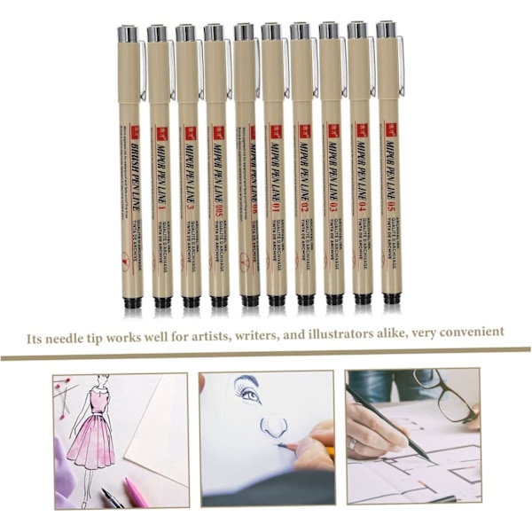 10 stk. Vanntette Krokpenner Tegnepenner Profesjonell Liner for Kunstskriving