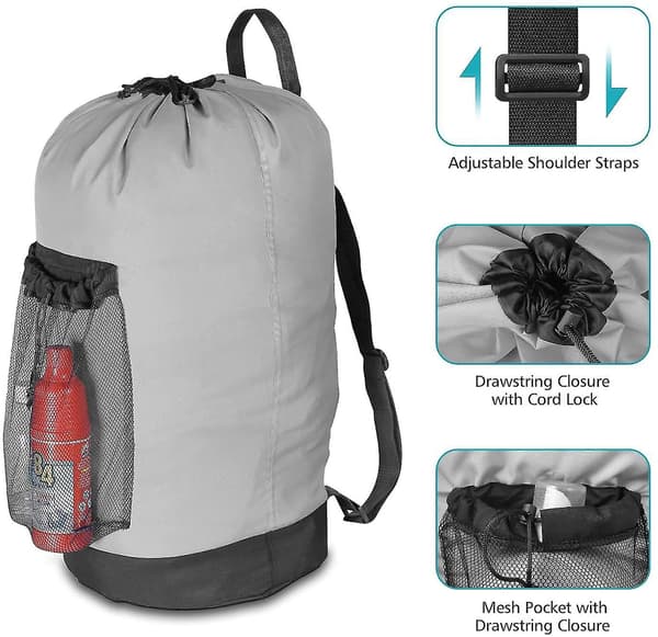 Tvättsäck, tvättbackpack med axelremmar och nätficka, grå