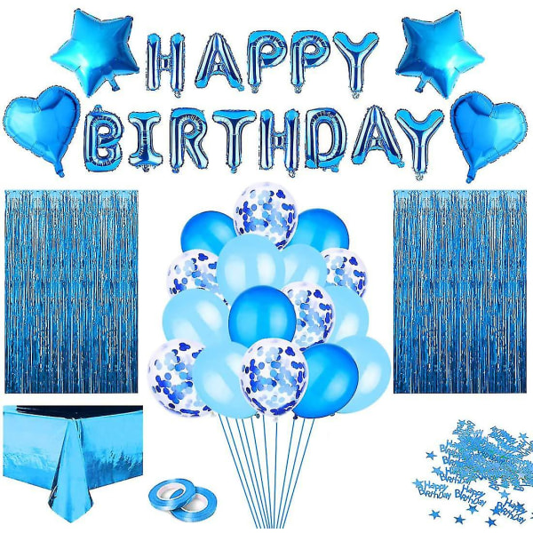Födelsedagsdekorationer blå set, grattis på födelsedagen Garland konfetti ballonger