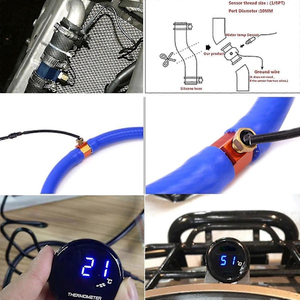 Universal Motorcykel LED Digital Termometer Vandtemperatur Måler Red 22mm connector