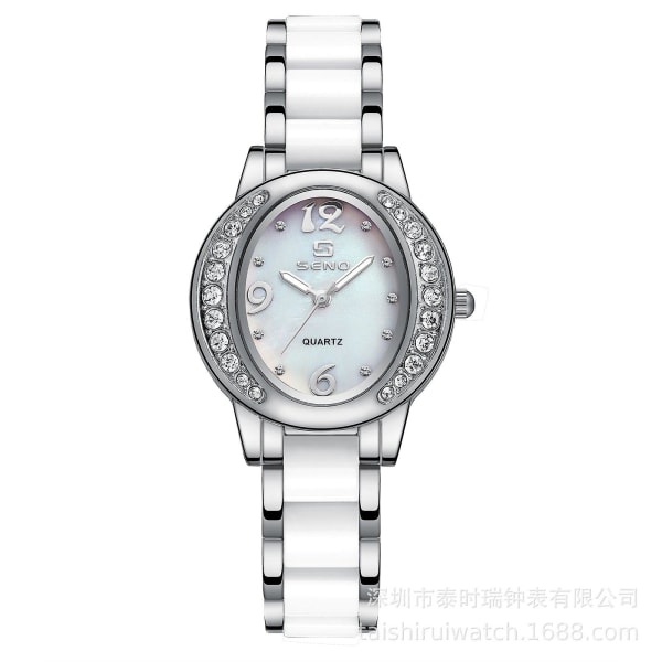 Ny verdig sjenerøs stil mote oval klokke kvinnelig temperament Trend dameklokke med diamanter Silver white plate