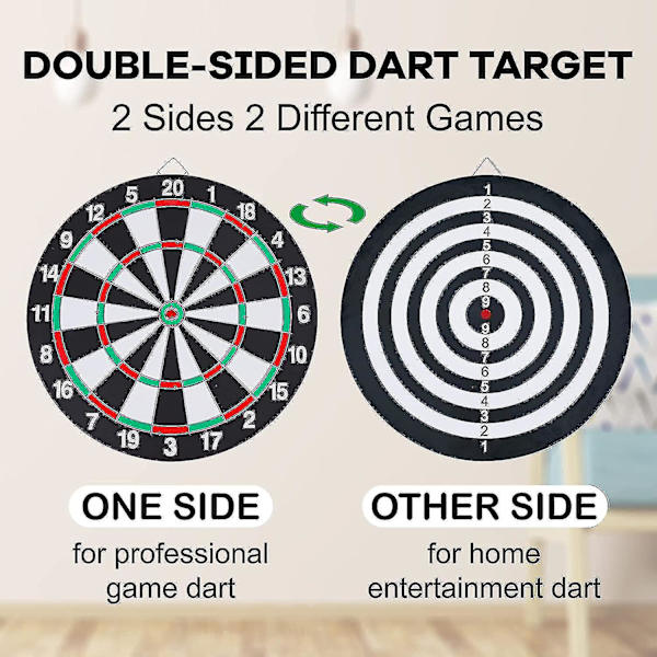 Darttavla Set, dubbelsidig 15 tum Darttavla Spel med 6 Mässing-plastpilar, man Cave Stuff för Vuxna, barer, arkad, biljardrum, familjeunderhållning