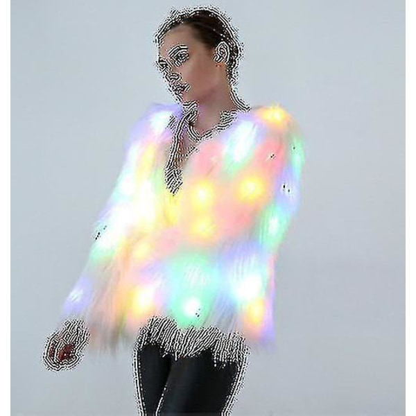 Led pelsjakke for kvinner Rainbow Sparkly Light Up jakke White Furry Rave Costume L-hyj