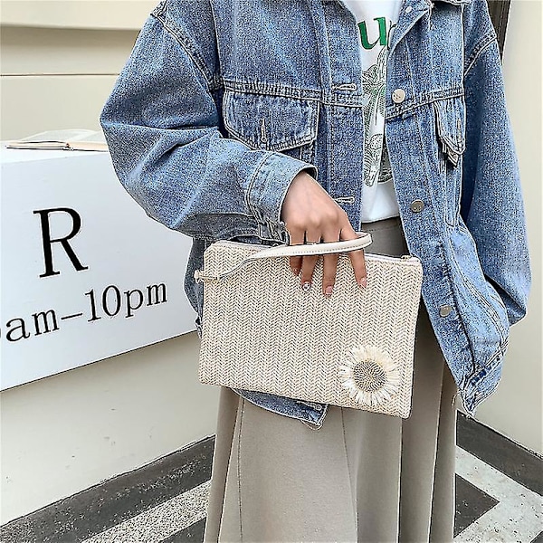 Ny Halm-Flettet Blomster Håndleds Clutch Taske Konvolut Pung Kort Holder: (beige1stk)