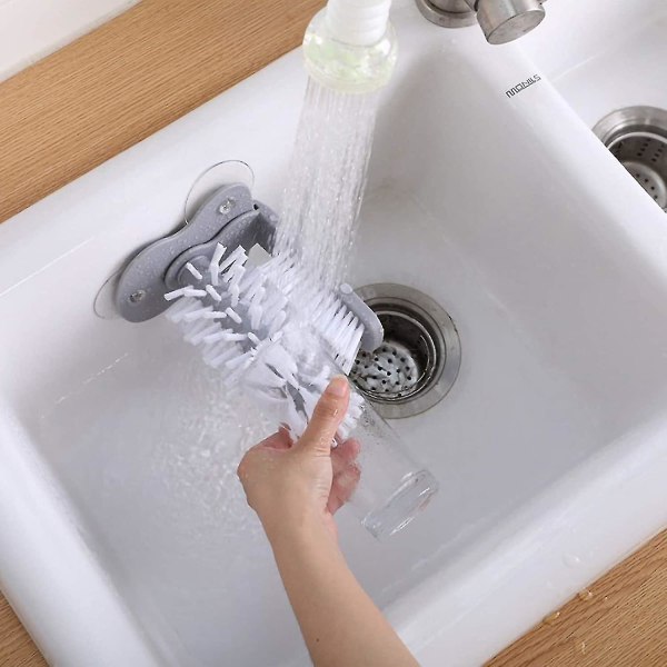 Kopbørste med sugebund Dobbeltsidet børstehår glaskoprens stående flaskevasker (1 stk) (grå)