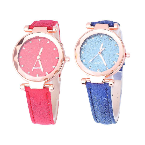 2 stk Stjernehimmeldesignet dameklokke motekvartsklokke glitrende armbåndsur (rød og blå)