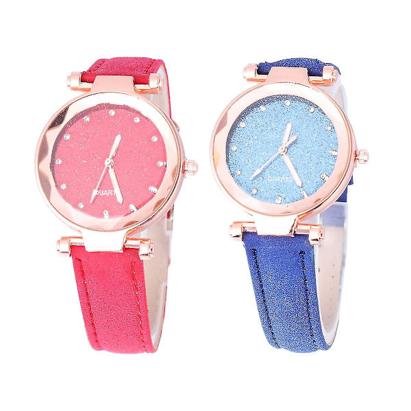 2 stk Stjerneklar Himmel Design Kvinne Klokke Mote Kvarts Klokke Glitrende Armbåndsur (Rød og Blå)