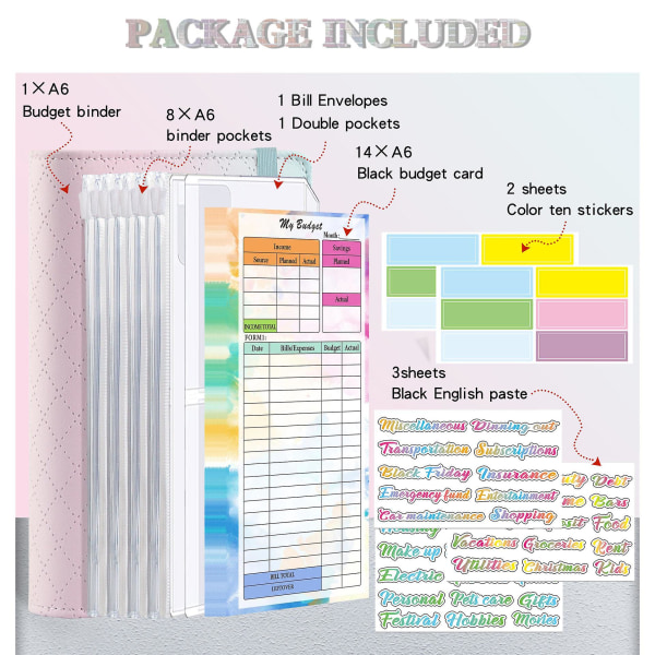 A6 Pu nahkasuunnittelija Budget Binder Notebook Cash Envelopes System Set B
