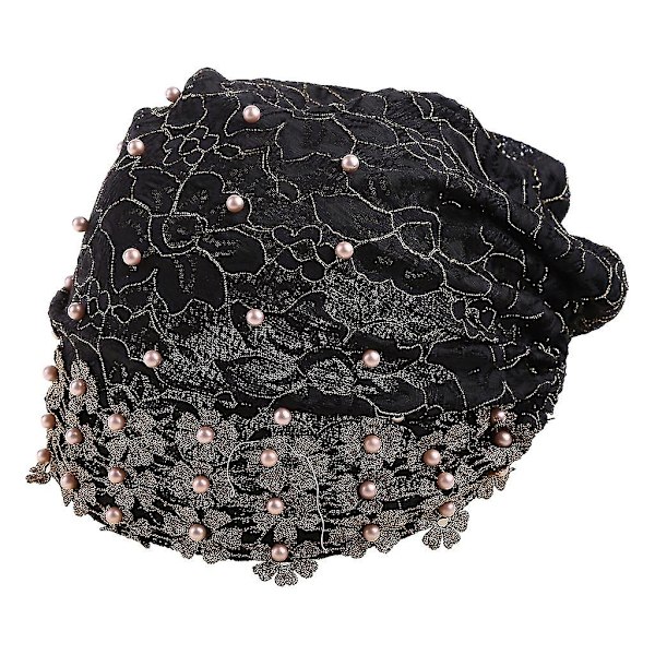 Kvinnors Muslimsk Mesh Stretch Hijab Turbanmössa Broderad Blommig Spets Beanie Huvudbonad Falska Pärlor Pärlstavad Bonnet Kemohätta