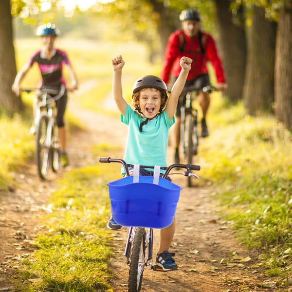 Barnsparkcykelkorg och cykelhängande korg, blå plastförvaring för framstyre
