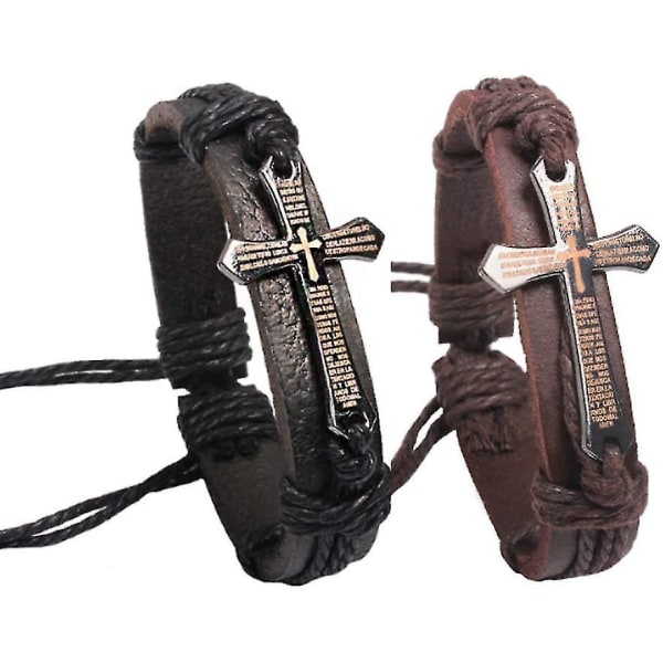 Håndlavede læderarmbånd sæt til mænd og kvinder Vintage Cross Beaded Braided Black Punk Gift