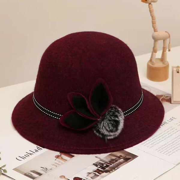 Elegant Damhatt med Bred Brätte, Varm, Enfärgad, Vinter/Höst, Damhatt med Blomma för Dagligt Bruk Red