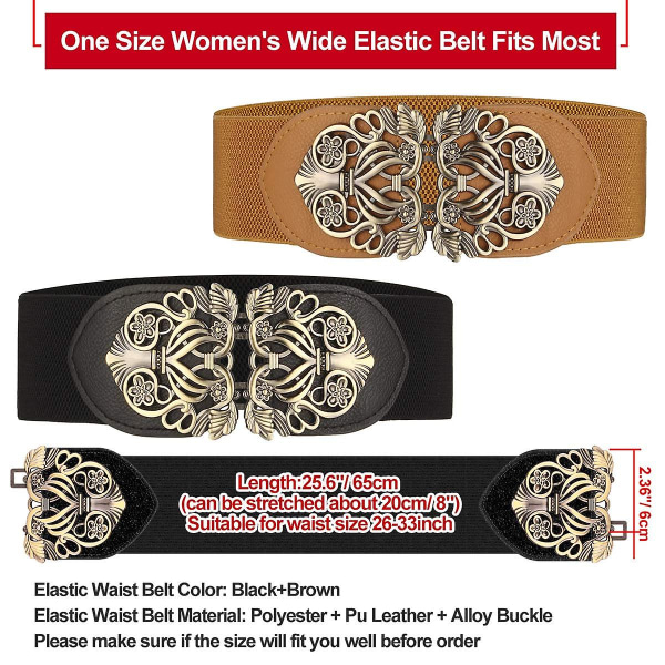 Damernas breda elastiska midjebälte 2-pack Retro damer stretch midjeklänning bälte, svart brunt