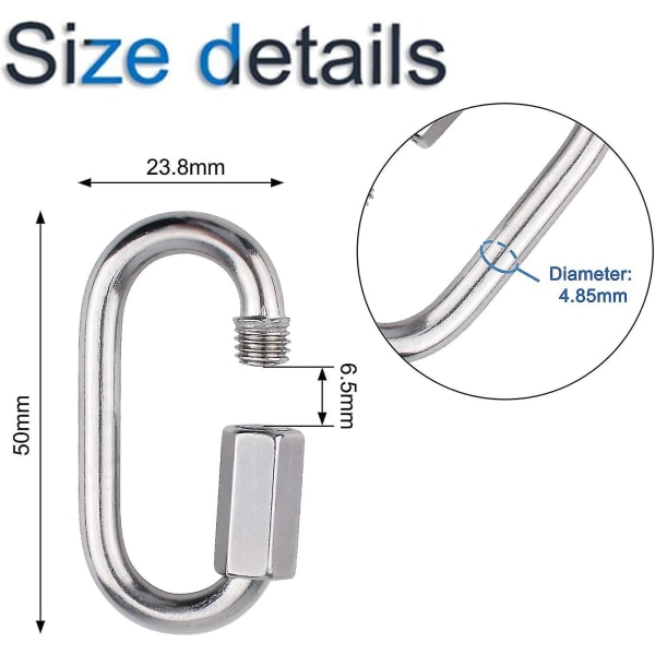 M5 Quick Chain Links, 304 rustfritt stål D-form låsekarabiner Quick Link-kjedekobling nøkkelringspenne (6 stk)