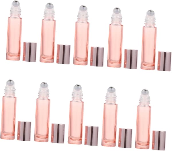 10 st 10 ml rosa glasflaskor för eteriska oljor med rullar i rostfritt stål och ABS-lock