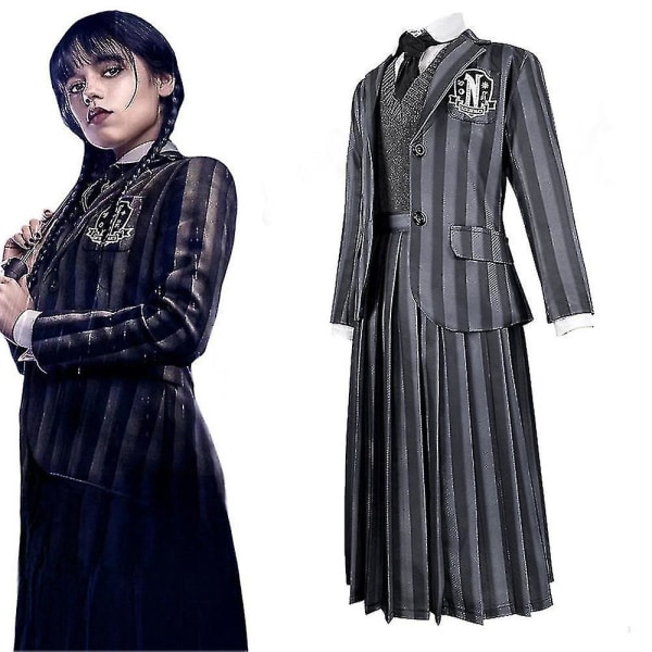 Kvinders Wednesday Addams Kostume Nevermore Uniform Skjorte Frakke Slip Outfit Sæt 2XL Outfits(with Wig)