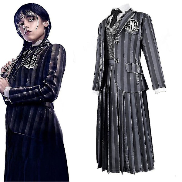 Naisten Wednesday Addams -asu Nevermore-uniformipaita, takki, solmio ja peruukki One size Outfits(with Wig)