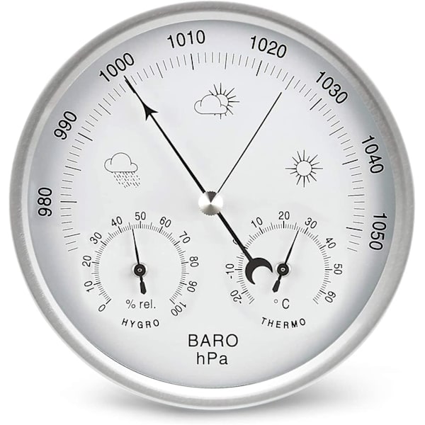 Barometer med urtavla, termometer, hygrometer, väderstation, barometriskt tryck Silver