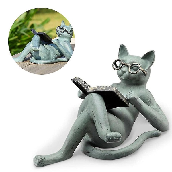 Kirjallinen kissapatsas Patsas Hartsi lukulasit Kissan käsityö nurmikon koriste