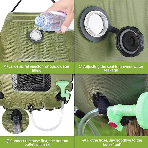 Solarduschväska, 5 Gallon/20l Solvärme Campingduschväska Med Avtagbar Slang Och På/Av-omkopplingsbar Duschhuvud (Armég Grön)