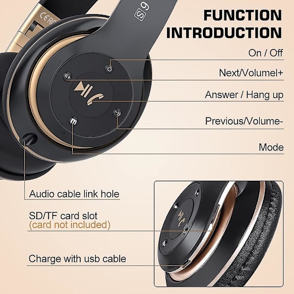 6s Langattomat Bluetooth-kuulokkeet, Yli-korvan, Hi-fi Stereo Taitettavat Langattomat Stereokuulokkeet Black