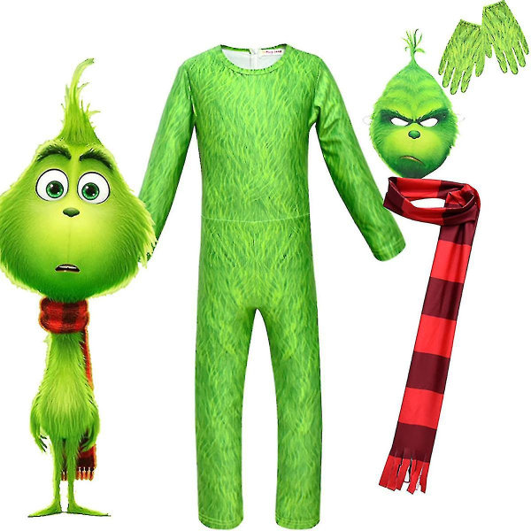 Grinch Kostume til Børn - Fancy Jumpsuit, Handsker, Sjal og Maske 9 - 10 Years