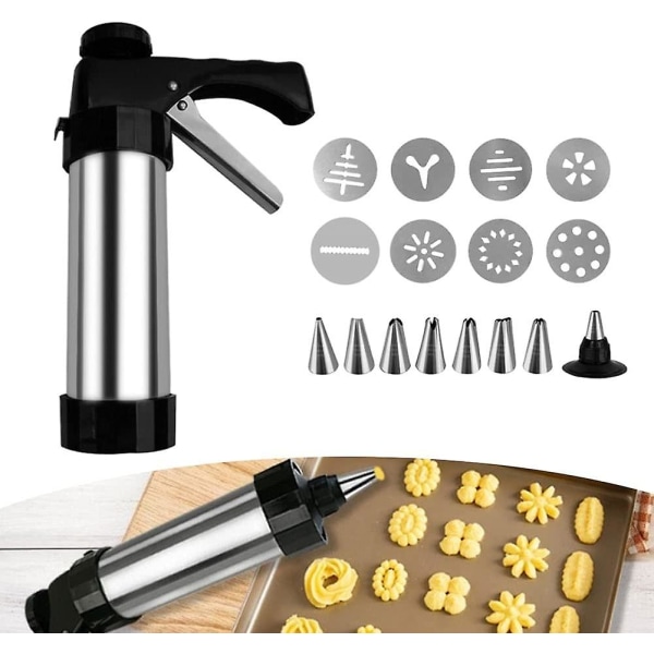 Kageformningssæt, Cookie Maker Press Gun Kit, rustfrit stål bageudstyr til kagefremstilling og glasur