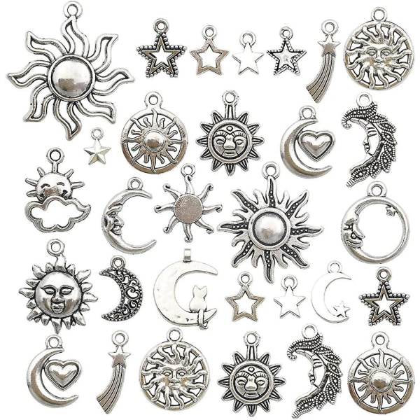 80 Pcs Lmell Craft Supplies Mixed Antique Silver Sun Moon Stars Charms Pendants Gift