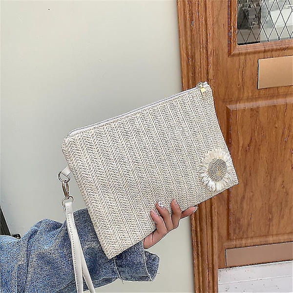 Uusi olki-kudottu kukkakäsilaukku kirjekuori lompakko korttipidin: (beige1kpl)