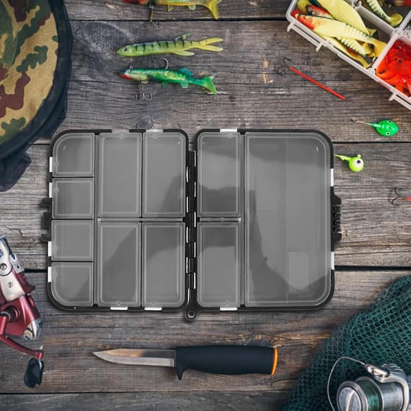 Bærbar fiskeredskapsboks med 12 rom i solid plast, liten slukorganisator