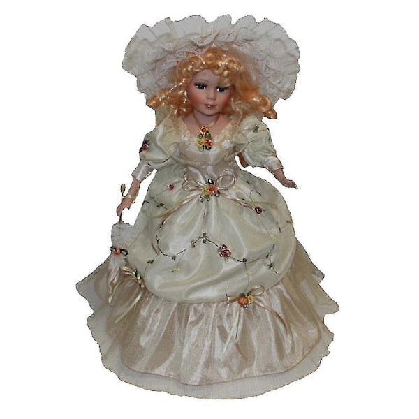 40cm Viktoriansk Porslinsdocka Figuriner i Beige Klänning Hatt Hem