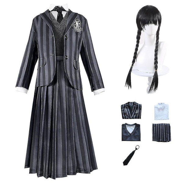 Kvinders Wednesday Addams Deluxe Kostume Sæt Nevermore Uniform Outfit Parykker L with Wig