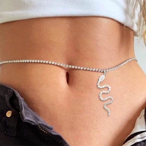 Silver Magkedja Orm Magkedja Kroppskedjor Kristall Strand Mode Midja Smycken Tillbehör För Kvinnor A
