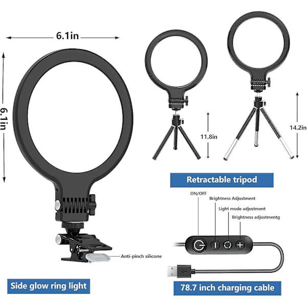 72 LED-tietokoneen rengasvalo, videoneuvotteluvalaistuspaketti 3000k-6500k himmennettävä selfie-rengasvalo, 6 tuuman kannettavan tietokoneen rengasvalo leikkurin ja jalustan kanssa eläintarhalle