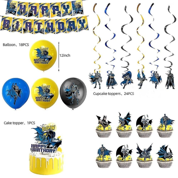 50 st Batman Grattis på födelsedagen Festtillbehör Dekorationer inkluderar banderoll, ballonger, hängande virvlar, tårttopper, muffinstoppare för barn Vuxen