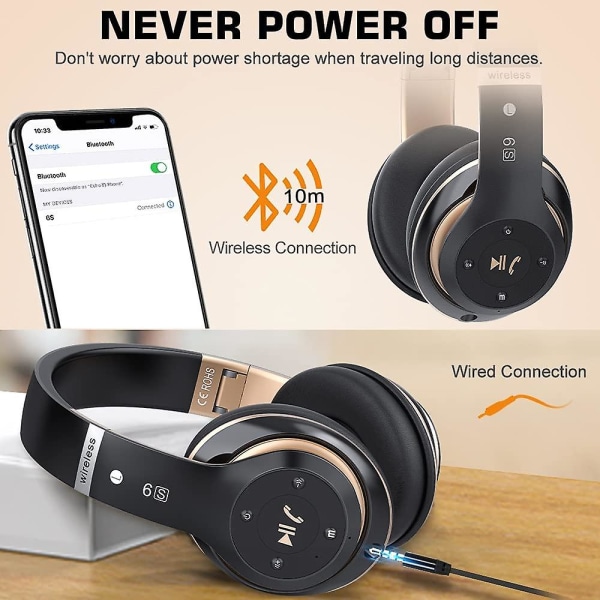 6s trådløse Bluetooth-hodetelefoner over øret, Hi-fi stereo sammenleggbare trådløse stereohodesett ørepropper Black