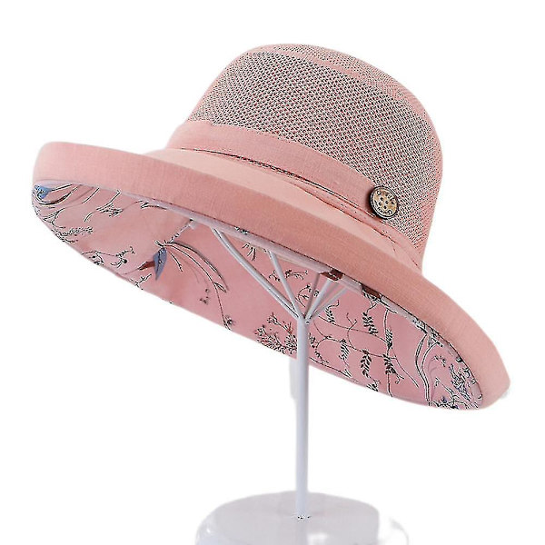 Solhatt för kvinnor i mesh, sommarstrand, UV-skydd, UPF, hopfällbar, bred brätte, haksnöre, rosa