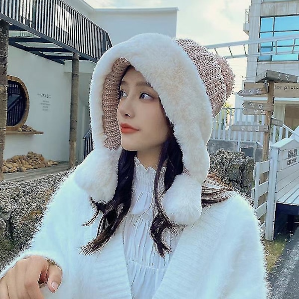 Vinter Beanie Hat til Kvinder Skihue Fleeceforet Øreklapper Dobbelt Laget Pompom Hat Gray
