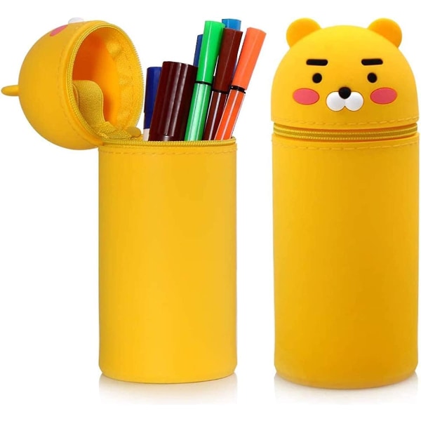 Tegneserie søt blyantveske, stående blyantveske for barn, stående uttrekkbar blyantveske i silikon (farge: gul)