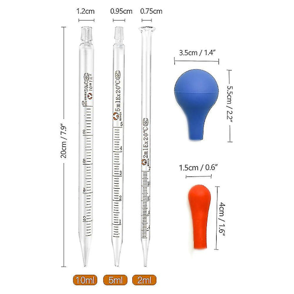 3 kpl 10 ml, 5 ml ja 2 ml lasiset asteikolliset pipettit, siirtotipat