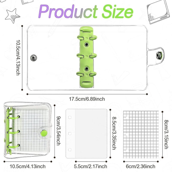 2 set Mini Clear 3 ringskydd med inre papperspåse Klar mjuk PVC-anteckningsbokförslutning (grön, lila)