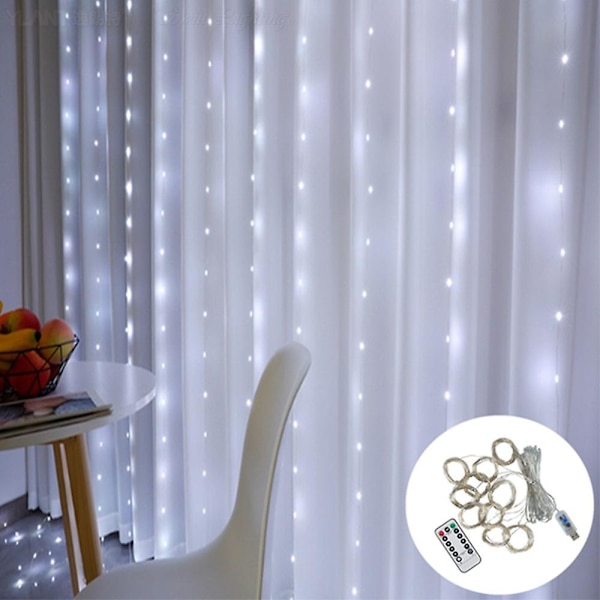 Gardinslynge med 200 LED Lys 3m X 2m Julelys Vandafvisende USB-drevet 8 Tilstande Fjernbetjening Lysstreng Til Soveværelse Vægge Vindue Terrasse Fest Jul Ind Normal White