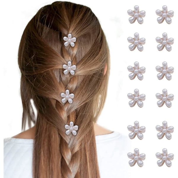 12 stk Mini Perle Hårkloklips Med Blomsterdesign, Liten Perle Hårklogave