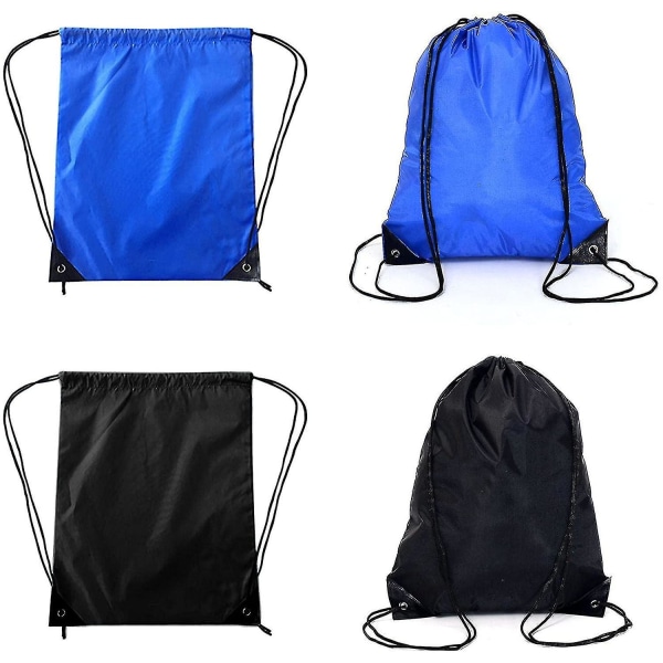 2 ryggsekker med treningsvesker med snøring, en blå og en svart. Reiseveske, treningsstudio
