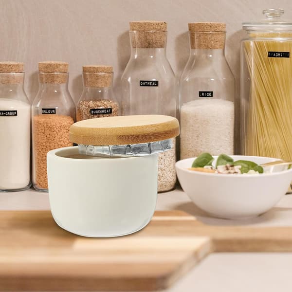 2 stk keramiske tebokser, snackbokser 150 ml hvit bambuslokk multifunksjonell