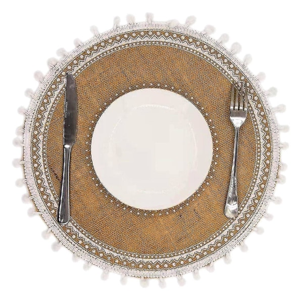 Pyöreät pöytämatot, 4 set , boho-kudotut juuttipöytämatot (valkoinen pallo)