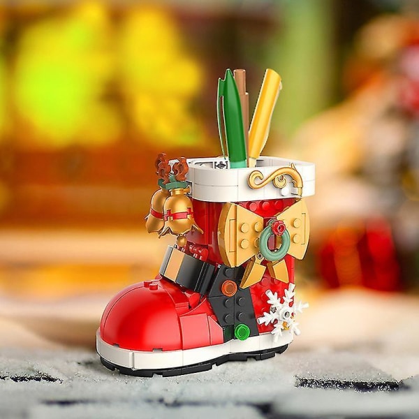 Moc Creative Christmas Snow Boots Byggeklodser Xmas Ornament Penalhus Pen Container Kids Legetøj