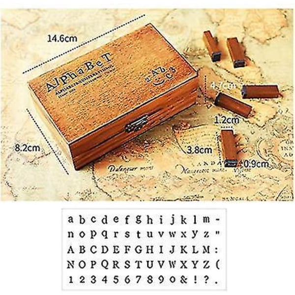 Stempelsett i tre, 70 stk. Stempel, 3 stk. Fargestempelputer